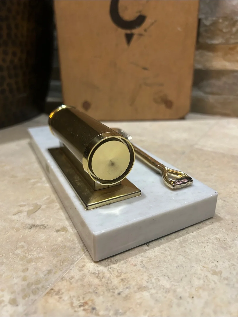 Vintage Brass Desk Perpetual Calendar with Marble Base and Shovel Accent